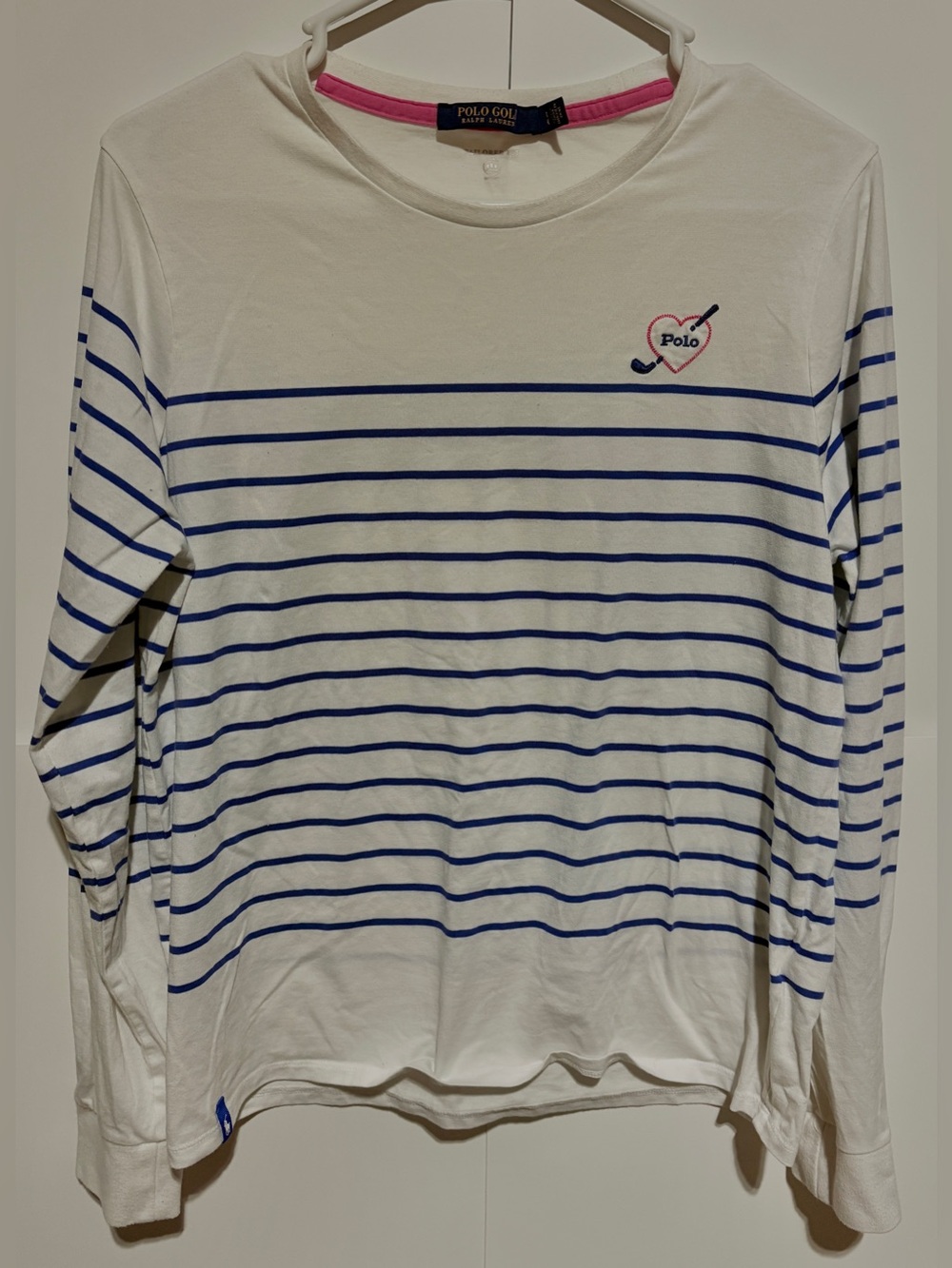 Polo Ralph Lauren Golf Striped Long Sleeve Shirt L White Blue Heart Patch Top